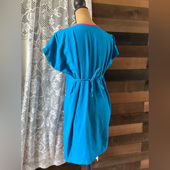 Blue Authentic Mexican Flower Embroidered Short Sleeve Midi Dress One Size - Picture 8 of 9